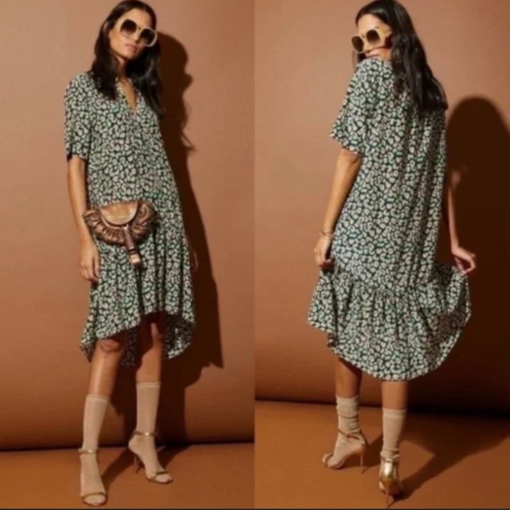 TUCKER NYC Green Laura Silk Midnight Leo Animal Print Dress XS